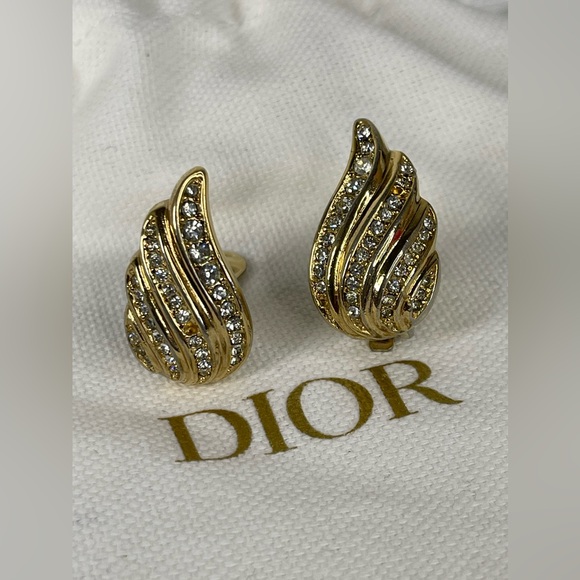 Christian Dior Rhinestone Gold Tone Clip On Earrings With Dust Bag - Picture 1 of 11